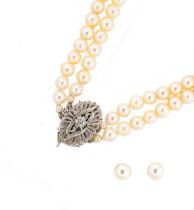 A double row pearl necklace, together with a pair of ear studs,