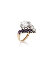 A 9ct gold diamond and amethyst ring,