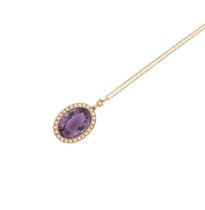 An amethyst and split pearl pendant and chain,
