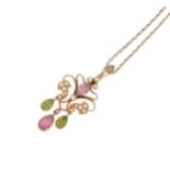 A peridot, tourmaline and split pearl pendant and chain,