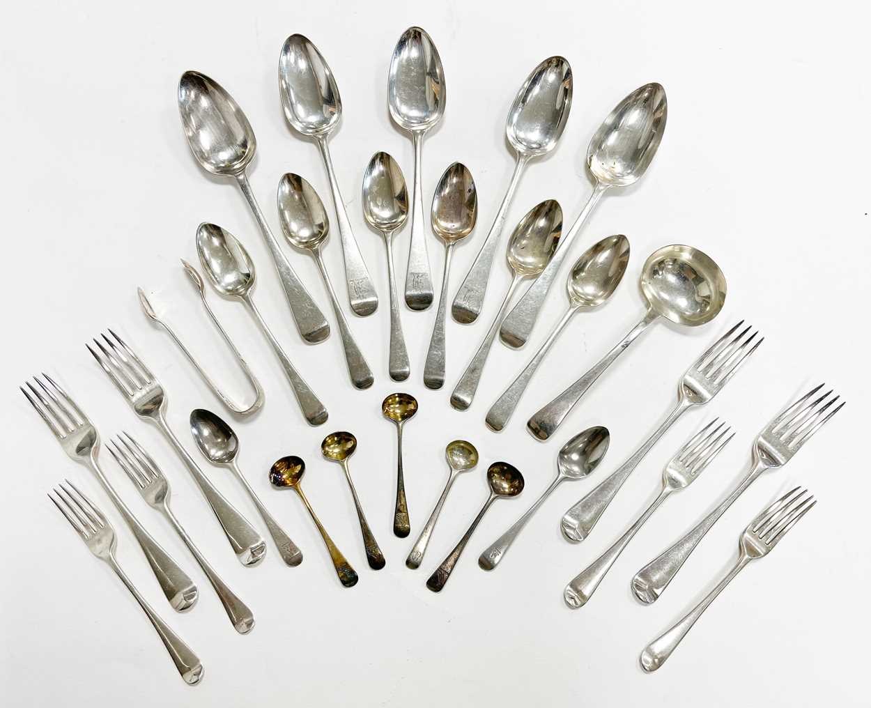 A 24-piece set of George III 18th century silver flatware with 44 later additions,