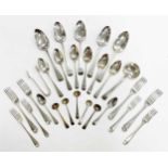 A 24-piece set of George III 18th century silver flatware with 44 later additions,
