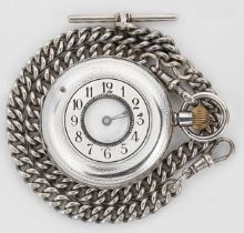 Unsigned - A silver half hunter pocket watch with later watch chain,