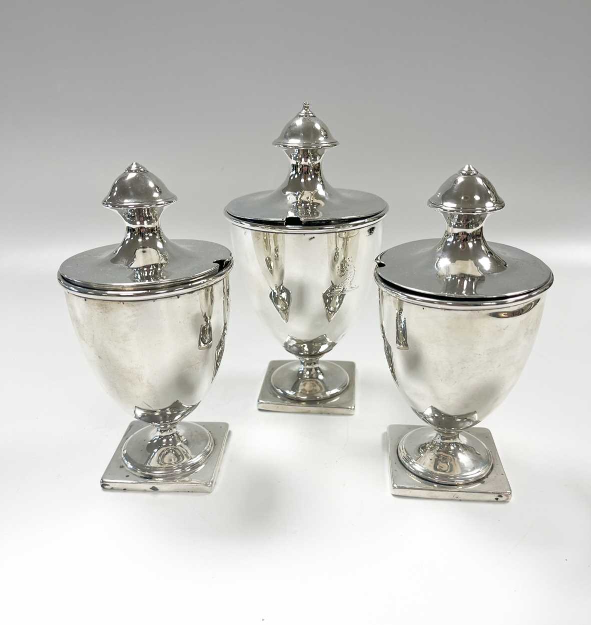 A set of 3 George III 18th century silver sugar vases with covers, - Image 2 of 8