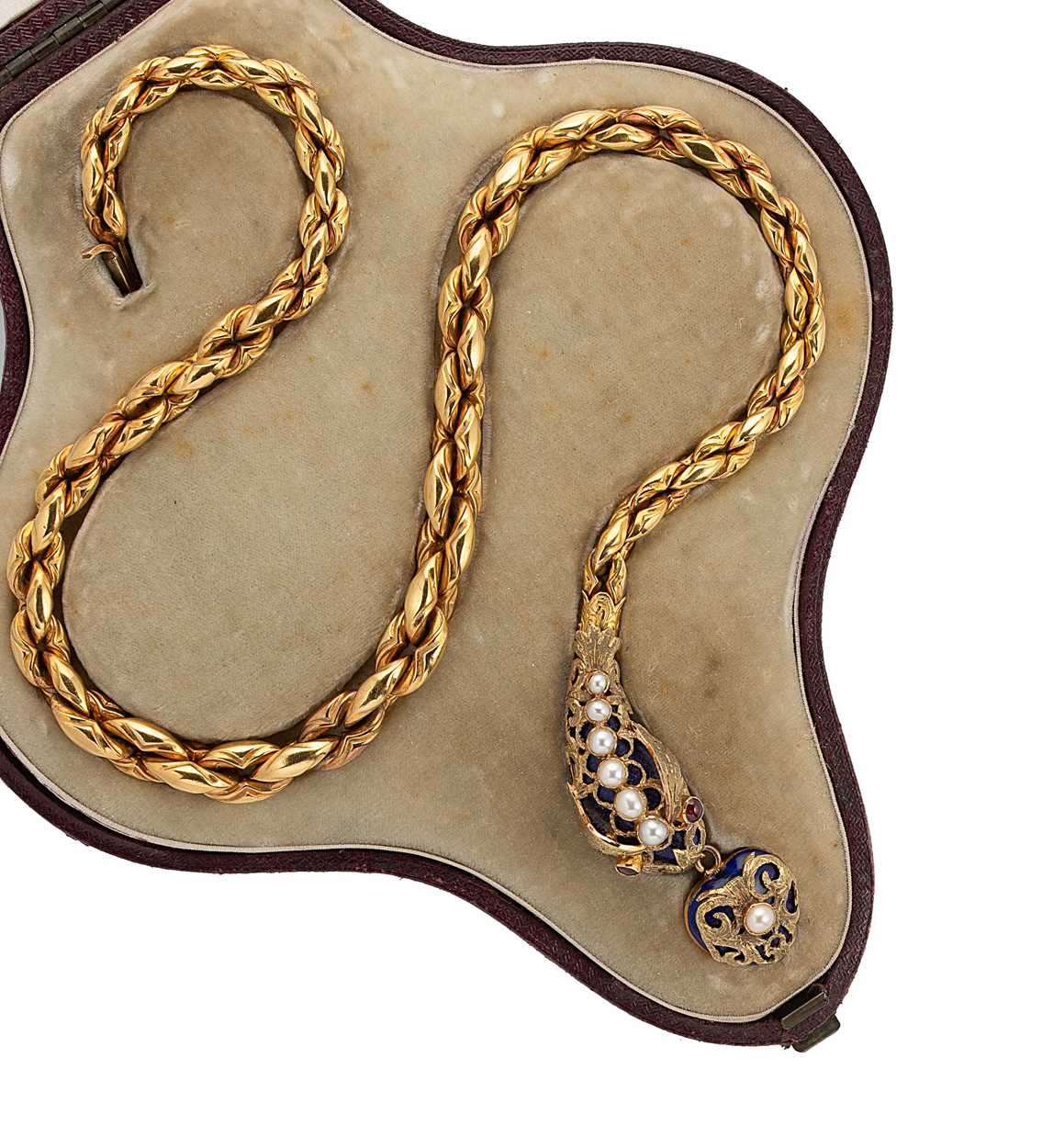 A Victorian pearl and enamel serpent necklace,