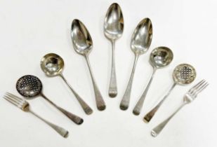 A 34-piece set of George III 18th century silver flatware with 55 additions,