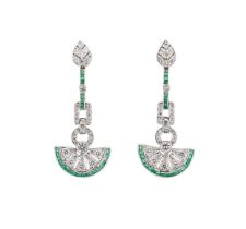 A pair of emerald and diamond ear pendants,