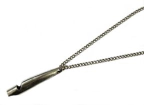 A late 20th century silver dog whistle and chain,