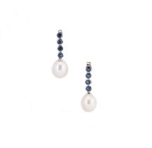 A pair of pearl and sapphire ear pendants,