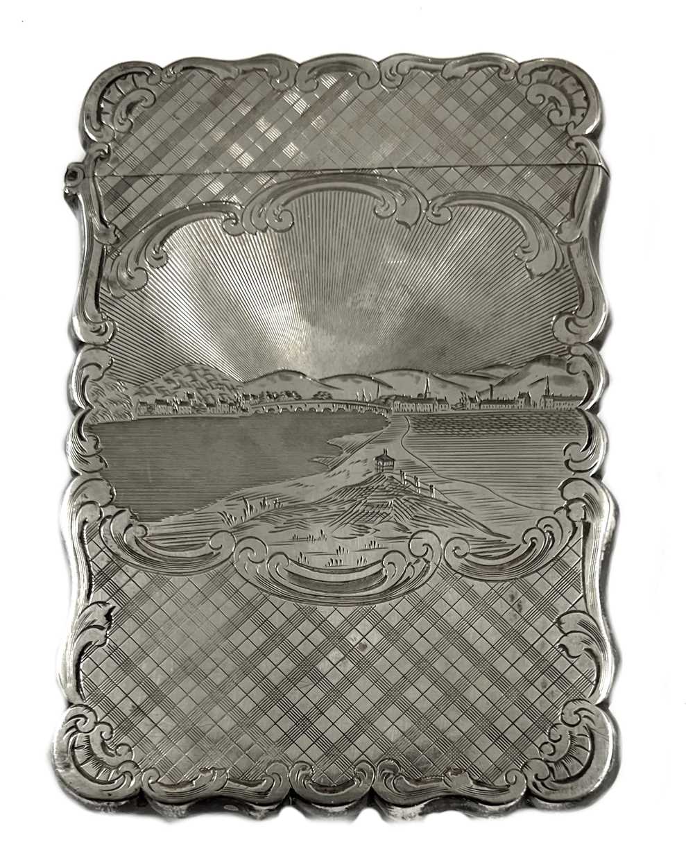 A Victorian silver engraved 'Castle Top' card case, mark of Nathaniel Mills,