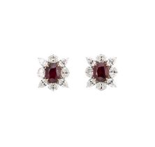 A pair of Burmese ruby and diamond cluster ear studs,