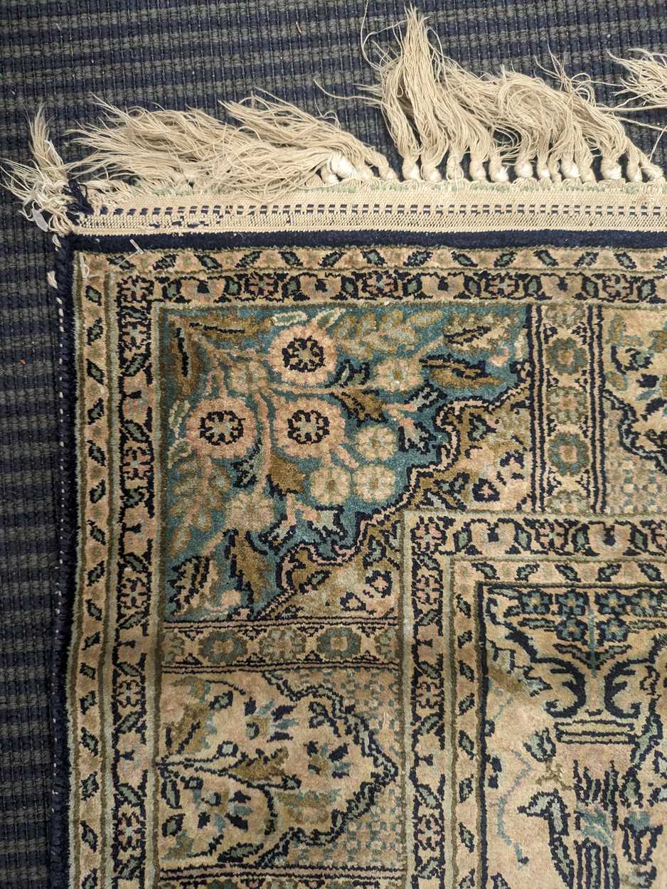 A silk Turkish Hereke rug with a blue and green ground colour 135 x 77 cm The rug is heavy - Image 4 of 8