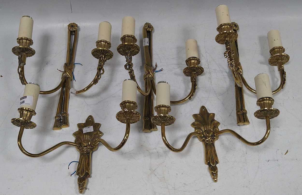 A brass five light chandelier, together with four brass wall sconces - Image 2 of 2