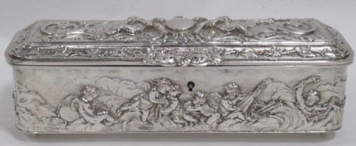 Silver plated Continental box depicting cherubs playing pipes and lyres