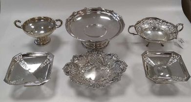 A collection of silverware including a tazza, a two handled pierced dish, a pierced dish, a two