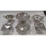 A collection of silverware including a tazza, a two handled pierced dish, a pierced dish, a two