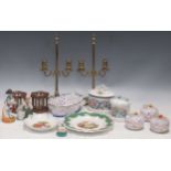 A collection miscellaneous china and brassware including a pair of adjustable two light