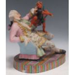 A French 19th century exhibition polychrome bisque group of a gallant impaled by a corkscrew-bearing