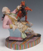 A French 19th century exhibition polychrome bisque group of a gallant impaled by a corkscrew-bearing