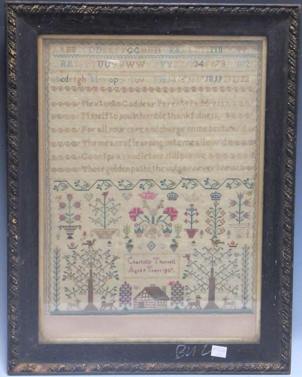 A needlework sampler by 'Charlotte Turnell Aged 9 Years 1837', with alphabet bands above 6 line