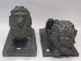 A matched pair of bronzed terracotta models of recumbent lions 29 x 37.5 x 19.5cm and 20 x 49.5 x