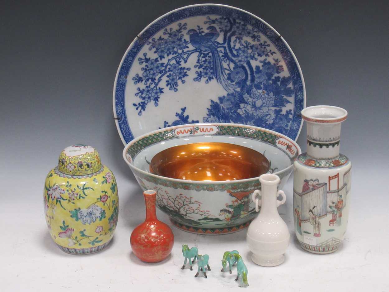 Asian ceramics to include a Chinese rouleau vase (restored), a 20th century punch bowl, yellow