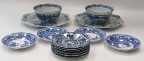 A pair of Chinese blue and white bowls, painted with a continuous landscape, 13cm diameter; a set of