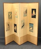 A late 20th century four fold screen decorated with eight Japanese prints of birds and fish, 169.5 x