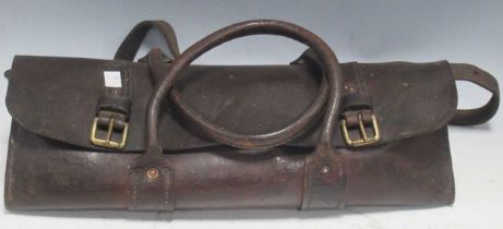 An early 20th century buckled leather motorcycle pannier. 14 x 45 x 17cm