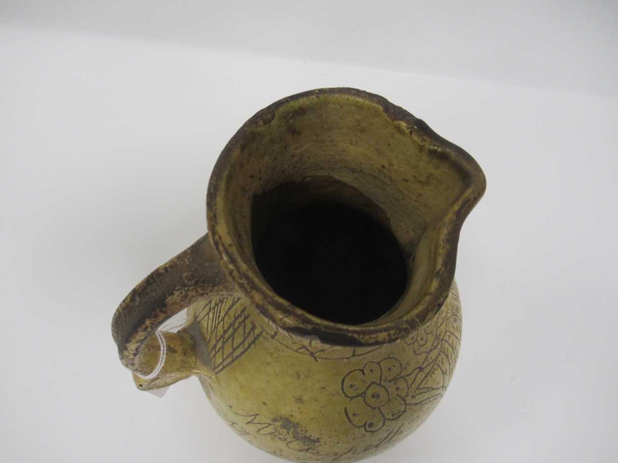 A 19th century saltglazed jug, the body incised Mrs Chapell / Muttlebridge / Augusy 20 - 1833, - Image 2 of 6