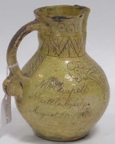 A 19th century saltglazed jug, the body incised Mrs Chapell / Muttlebridge / Augusy 20 - 1833,