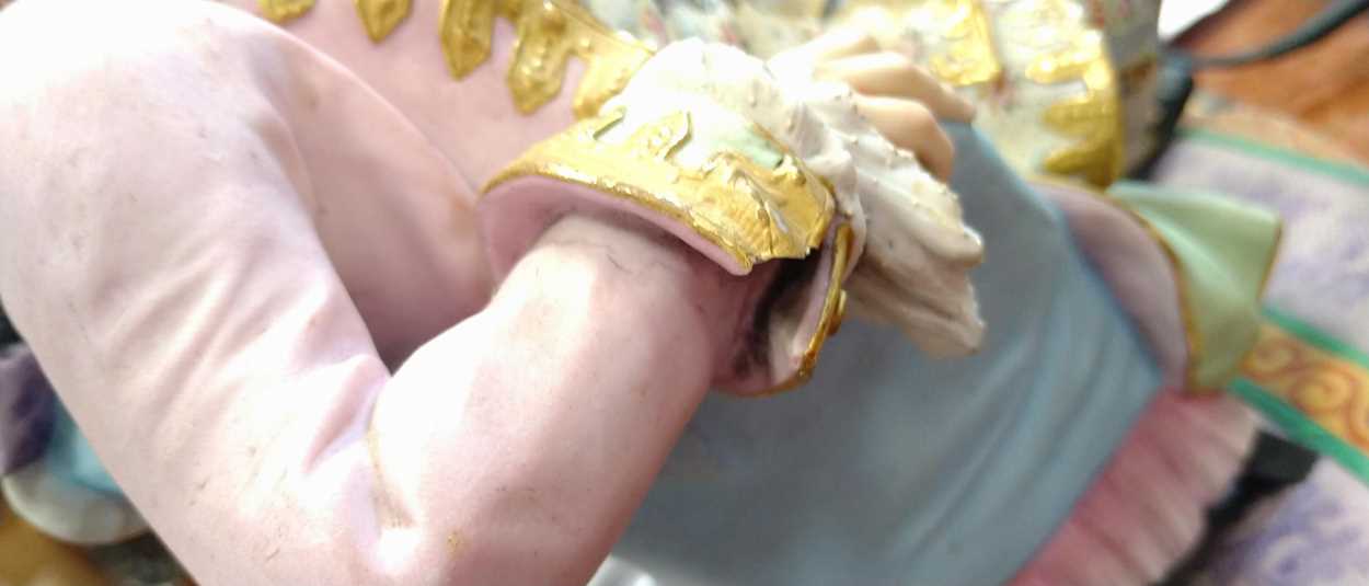 A French 19th century exhibition polychrome bisque group of a gallant impaled by a corkscrew-bearing - Image 7 of 14