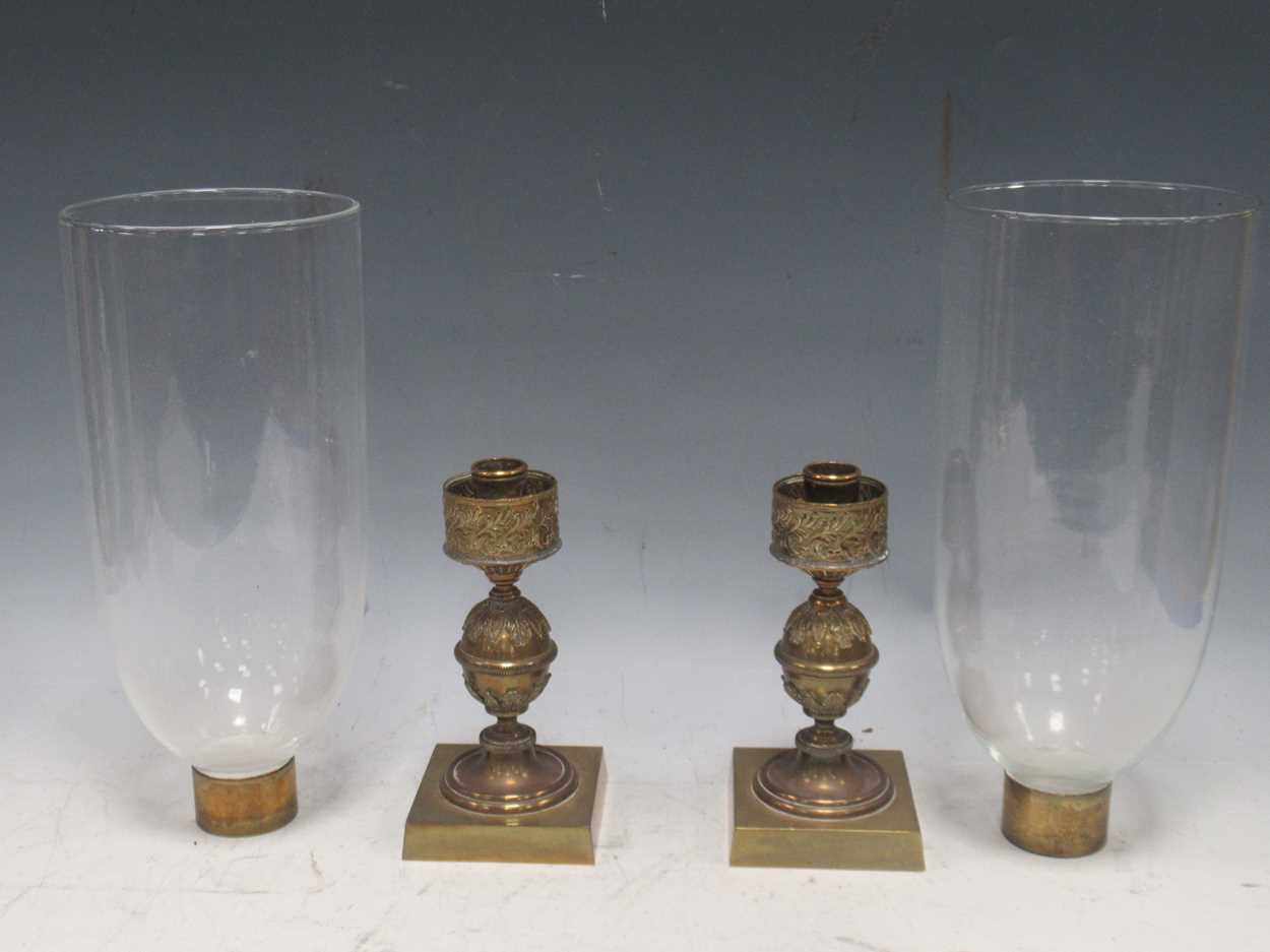 A pair of Regency brass candle holders or hurricane lamps with glass shades the glass shades are - Image 4 of 6