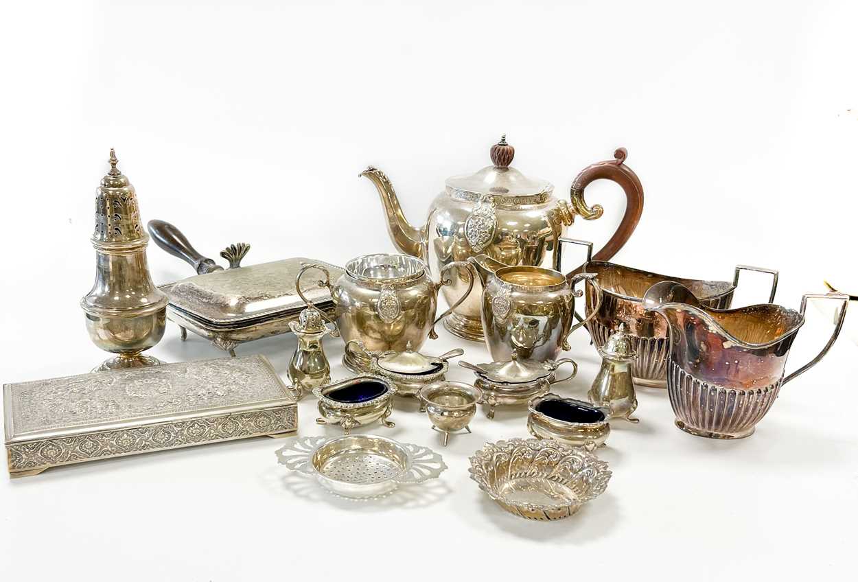 A silver three-piece tea set, together with a small collection of silver and silver plated wares,