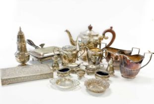 A silver three-piece tea set, together with a small collection of silver and silver plated wares,