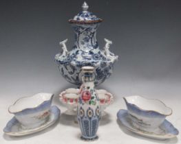 Pair of Copenhagen fish design sauce tureens, a printed blue and white vase and cover, and a small