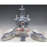 Pair of Copenhagen fish design sauce tureens, a printed blue and white vase and cover, and a small