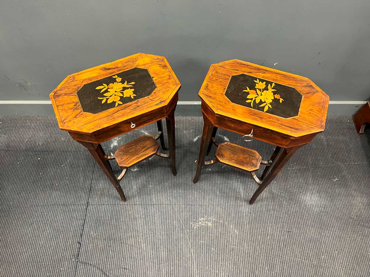A pair of late 19th century floral inlaid simulated rosewood tables, the hinged lids decorated - Image 2 of 3