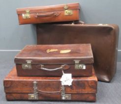 A Harrod's brown leather suitcase, an another smaller also by Harrods, both with brass locks.