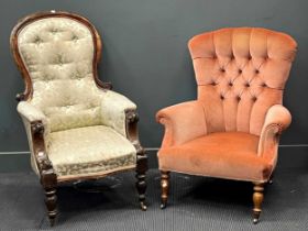 A Victorian spoon back armchair together with another button back armchair upholstered in pink