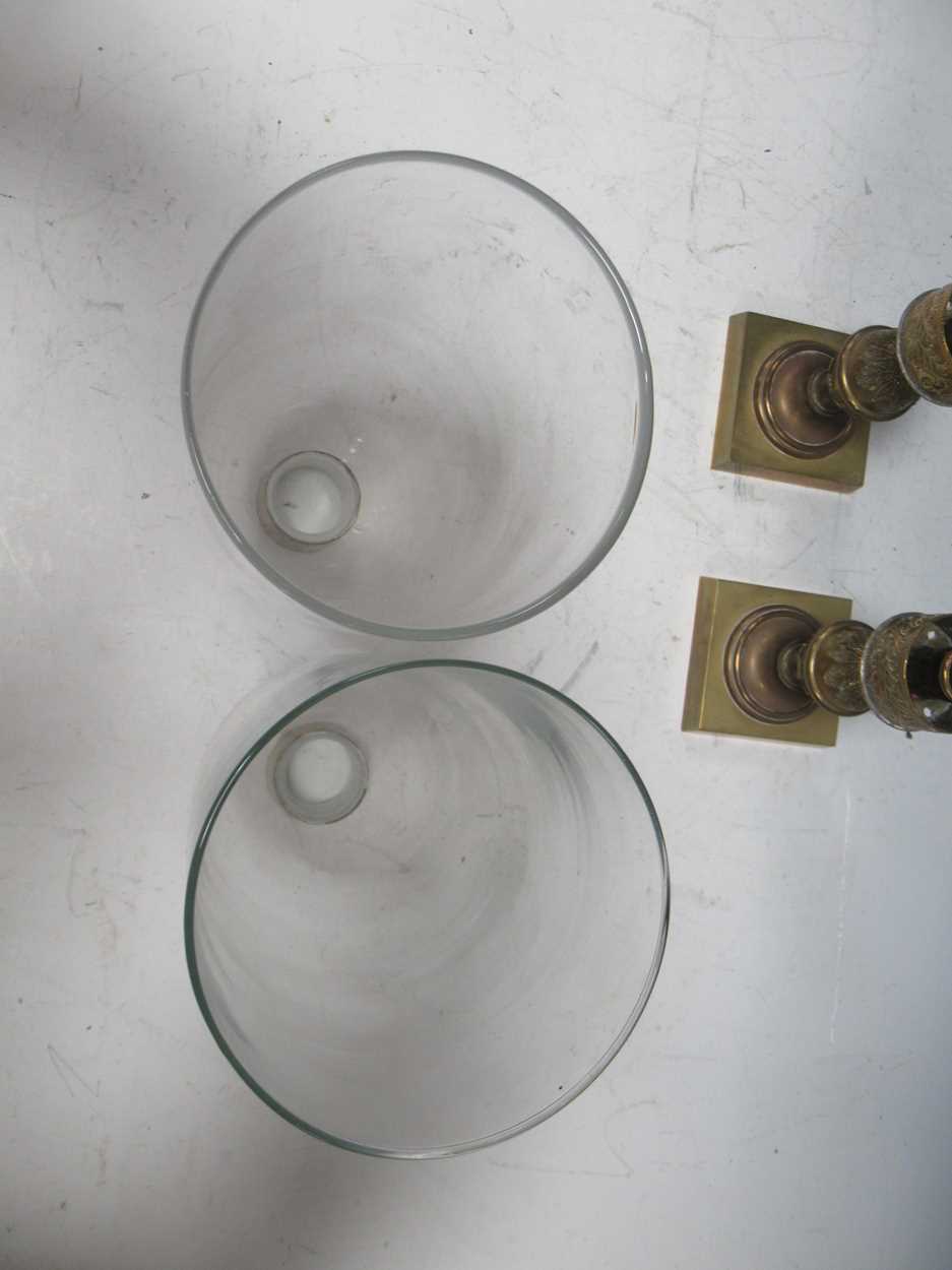 A pair of Regency brass candle holders or hurricane lamps with glass shades the glass shades are - Image 2 of 6