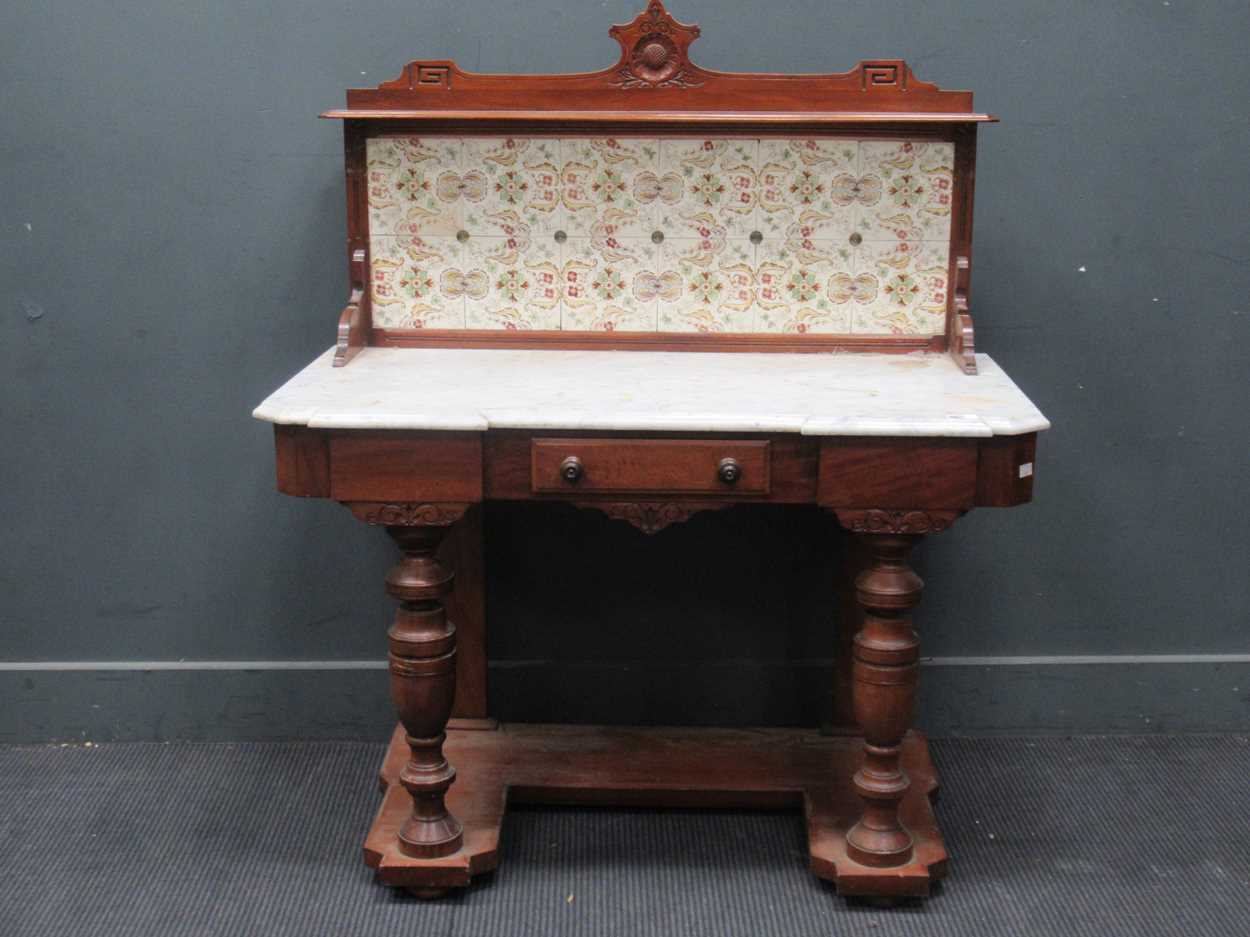 A Victorian walnut marble topped washstand with raised tile back gallery 125 x 107 x 51cm