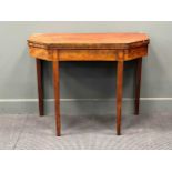 A George III line inlaid mahogany card table with canted rectangular top on tapered legs 73 x 92 x