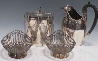 A plated biscuit barrel modelled as a drum with hinged top, 19cm high, pair of wirework baskets