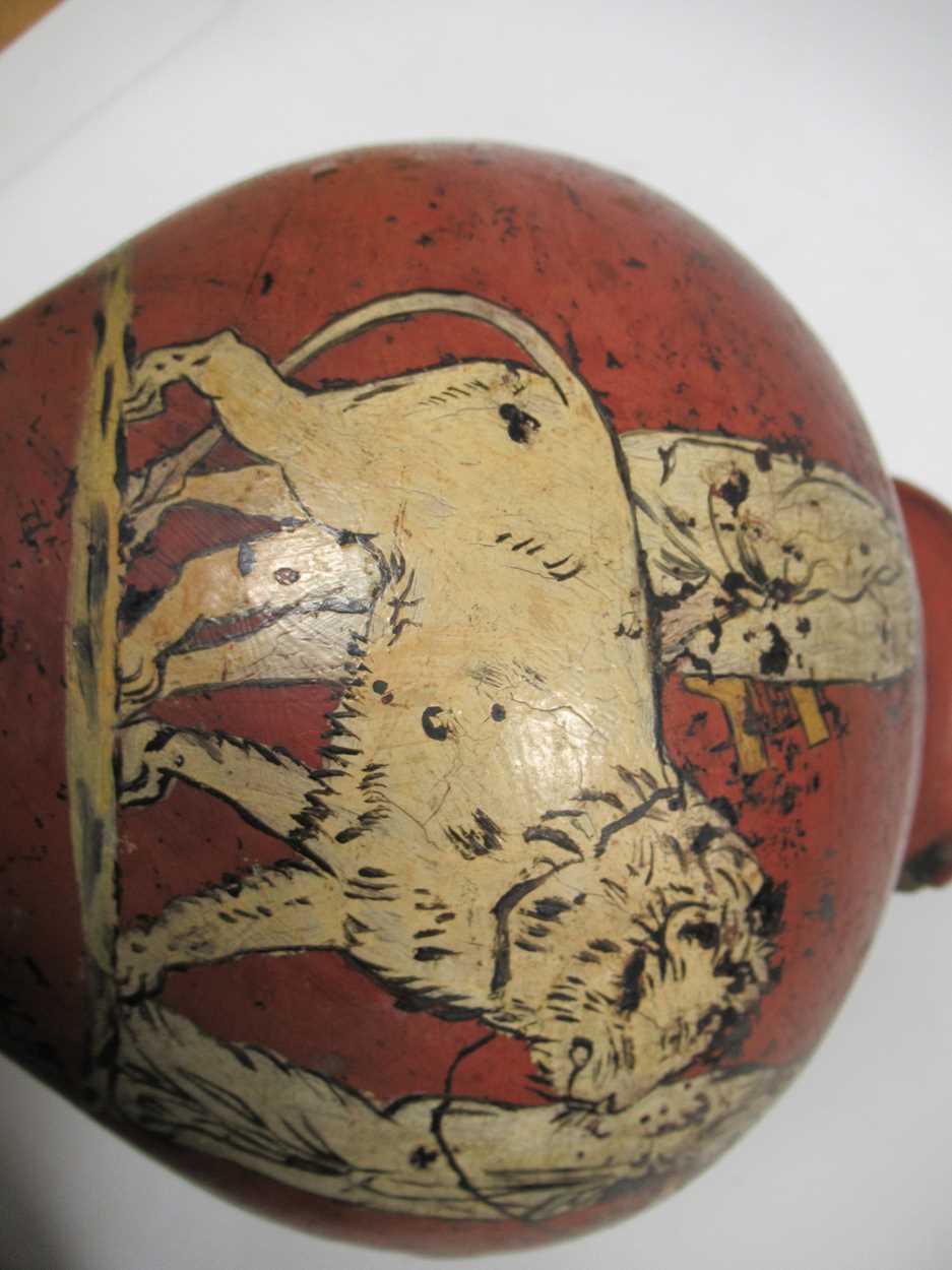 An earthenware vase of bulbous form, possibly 19th century Grand Tour, having a black ground over- - Image 3 of 4