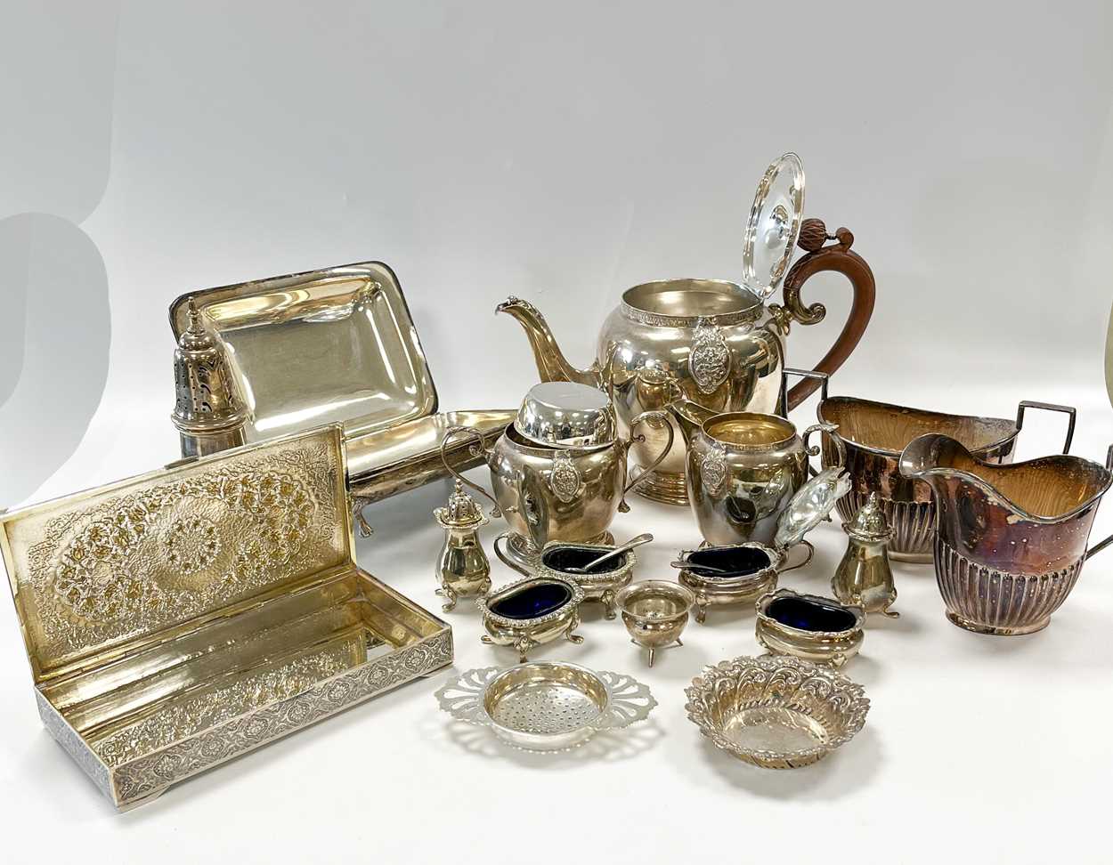 A silver three-piece tea set, together with a small collection of silver and silver plated wares, - Image 3 of 8