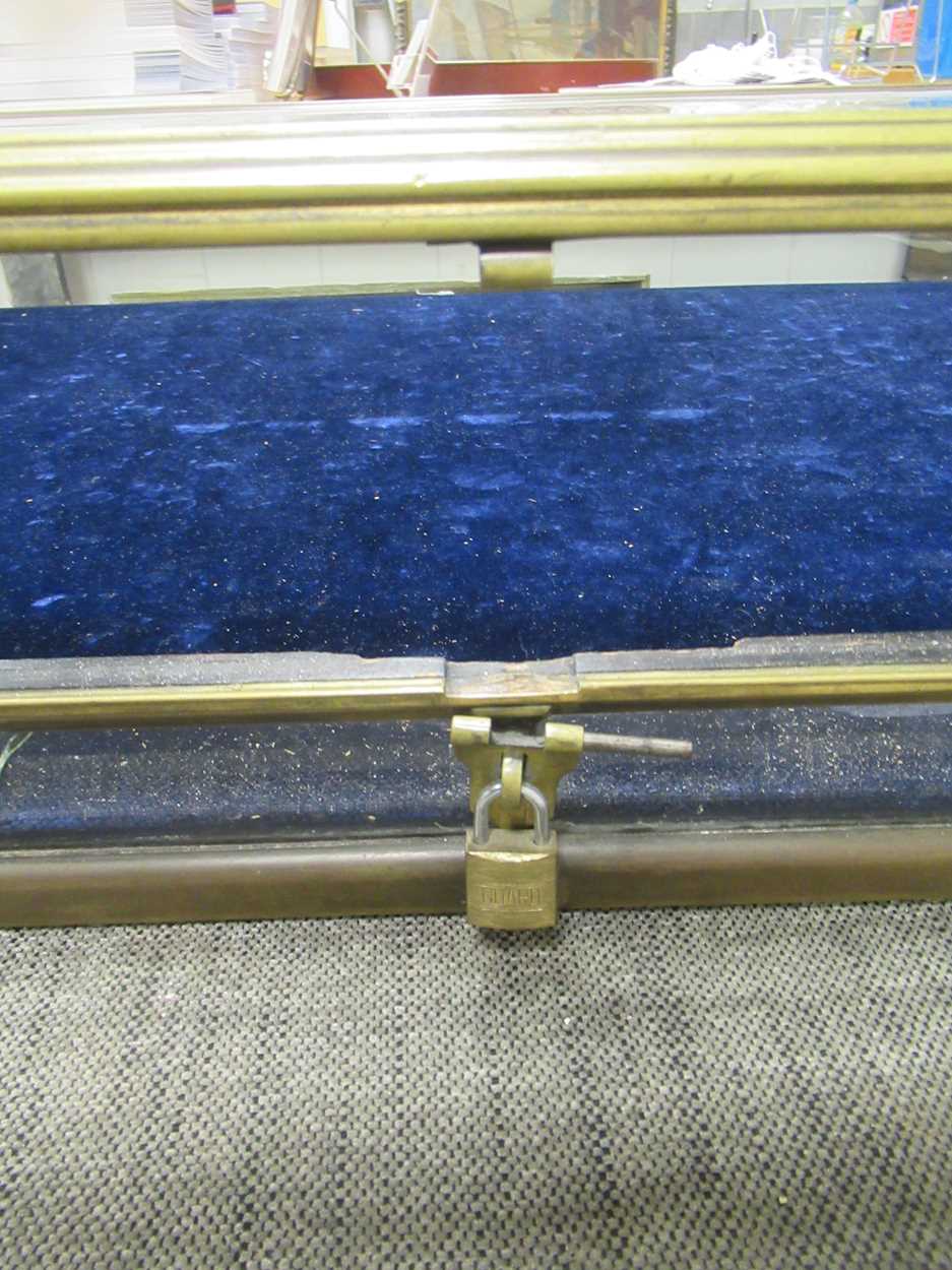 A brass framed bevelled glass display case, with hinged sloping top, 15 x 82 x 58cm - Image 2 of 2
