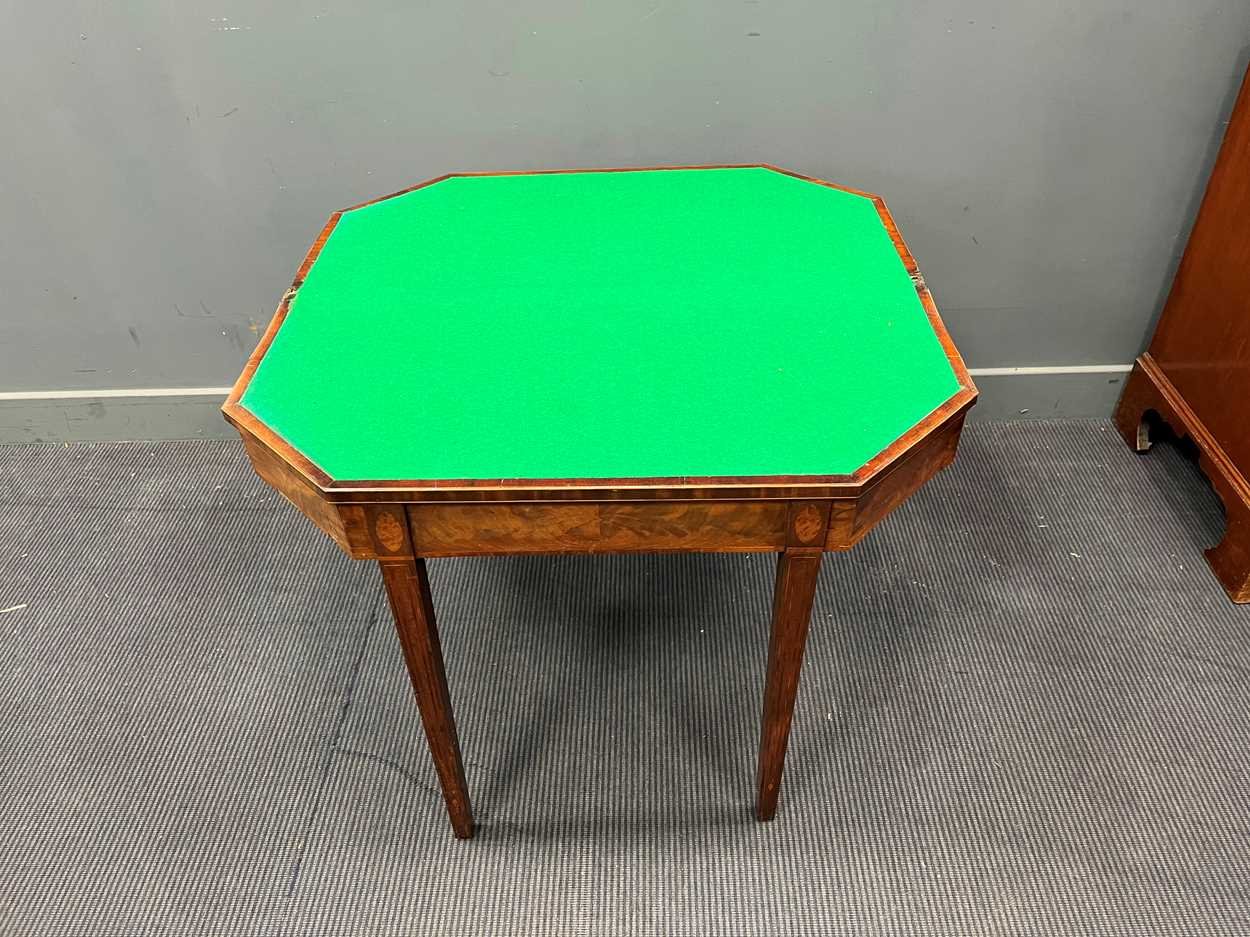 A George III line inlaid mahogany card table with canted rectangular top on tapered legs 73 x 92 x - Image 4 of 6