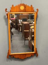 A George III style yewwood fret wall mirror, with patera marquetry to the cornice, 99cm
