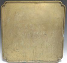 A Japanese bronze shaped-square plaque, with engraved decoration of ten ladies holding attributes by